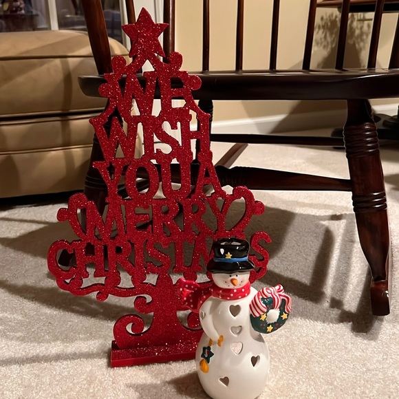 Hallmark Other - Bundle Hallmark Snowman Tealight burner & Red Glitter shelf standing sign EC